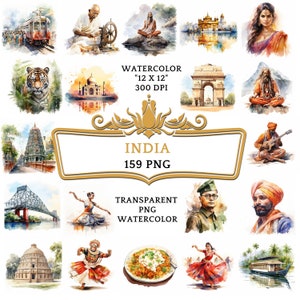 159 Watercolor India PNG ClipArt Bundle, India Summer Travel, Taj Mahal Art, Indian Culture, Elephant Festival Holi Colors Yoga Spirituality