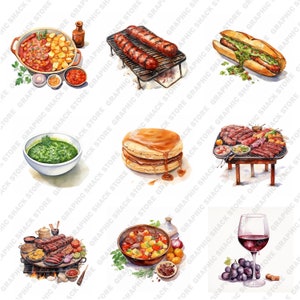 May include: A watercolor illustration of various food items, including a bowl of green sauce, a plate of pancakes with syrup, a plate of grilled meats, a bowl of stew, a hot dog with toppings, and a glass of red wine with grapes.