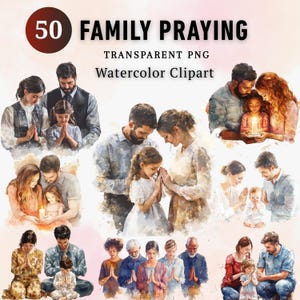 50x Family Praying Clipart PNG Bundle, Christian Prayer Illustration Set, Religious Family Worship Art, Faith Clipart, Digital Download
