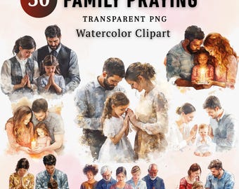 Pacchetto di 50 clipart PNG di famiglia che prega, set di illustrazioni di preghiera cristiana, arte religiosa di culto familiare, clipart di fede, download digitale
