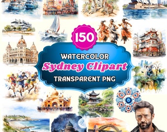 150 clipart PNG di acquerello di Sydney, viaggi estivi a Sydney, clipart di monumenti, vacanze in Australia, clipart di viaggi da sogno, uso commerciale