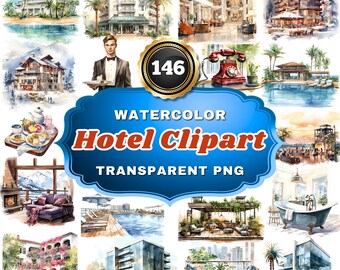 146 Watercolor Hotel Cliparts - Luxury Getaway Series: Elegant and Detailed Hospitality Illustrations for Travel Projects, Decor & Marketing