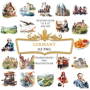 112 Aquarell Deutschland PNG ClipArt Bundle, Deutsche Reise Wahrzeichen, Bayern, Schloss Neuschwanstein, Berliner Mauer, Oktoberfest, Schwarzwald