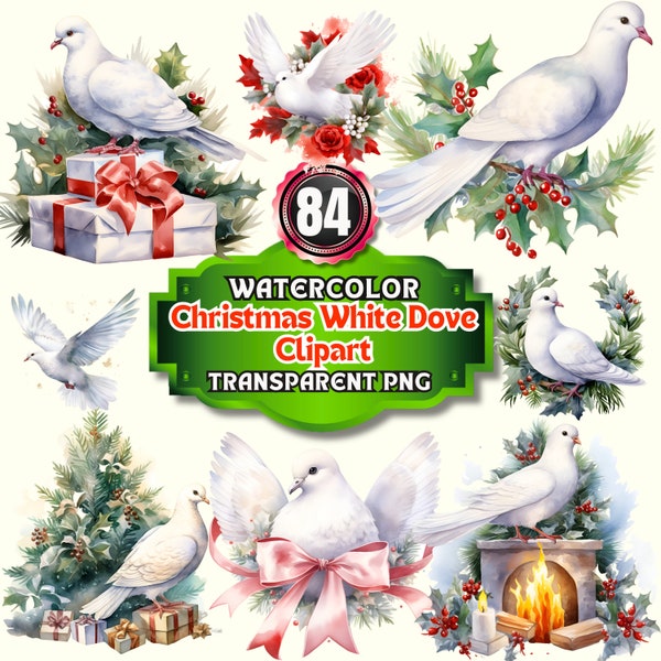 84 Watercolor Christmas White Dove Cliparts, Peaceful Noel PNG Bundle  Serene and Symbolic Holiday Bird Illustration for Decor Cards & Craft