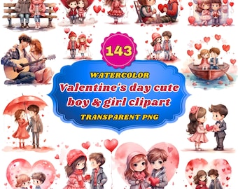 143 Watercolor Valentine's Day Clipart, Playful Hearts- Cute Boy and Girl Illustrations for Sweet Love-Themed Projects and Crafts PNG Bundle
