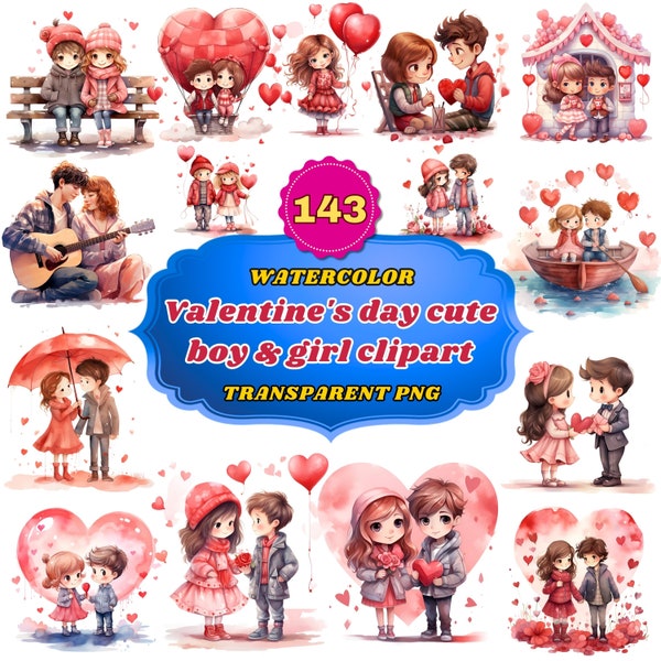 143 Watercolor Valentine's Day Clipart, Playful Hearts- Cute Boy and Girl Illustrations for Sweet Love-Themed Projects and Crafts PNG Bundle