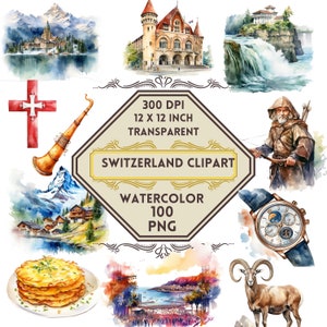 100 Watercolor Switzerland PNG ClipArt Bundle, Swiss Alps Adventure, Chocolate and Cheese Delights, Zurich Cityscapes, Lucerne Lake Views