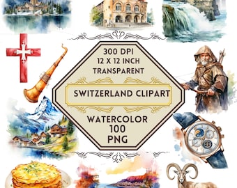 Paquete de 100 imágenes PNG de acuarela de Suiza, aventura en los Alpes suizos, delicias de chocolate y queso, paisajes urbanos de Zúrich, vistas del lago de Lucerna