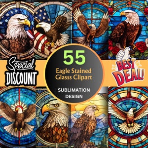 55 Stained Glass Eagle Clipart Designs for Sublimation, Digital Paper Stained Glass Amirican Eagle Tumbler Wrap, Wall Art & T-Shirt Design
