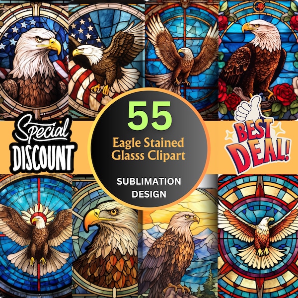 55 Stained Glass Eagle Clipart Designs for Sublimation, Digital Paper Stained Glass Amirican Eagle Tumbler Wrap, Wall Art & T-Shirt Design