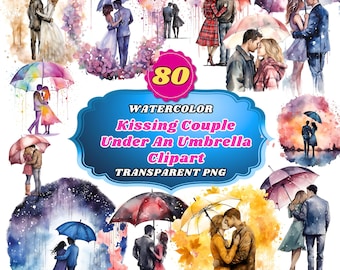 80 Watercolor Kissing Couple, Couple Kissing in the Rain Under Umbrella Clipart Valentines Romantic Couple PNG Bundle Romantic Love Couple,