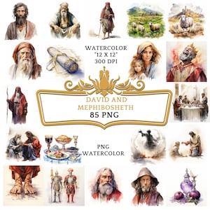 85 PNG Watercolor David and Mephibosheth Clipart  | Christian Religious Bible Based Story For Scrapbooking, Junk journal Or Digital Printing