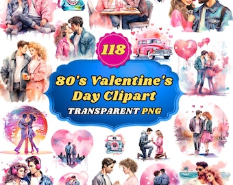 118 Watercolor 80's Valentine's Day Cliparts, Vintage Heart Collection: Retro and Romantic Illustration for Themed Craft, Decor & Invitation