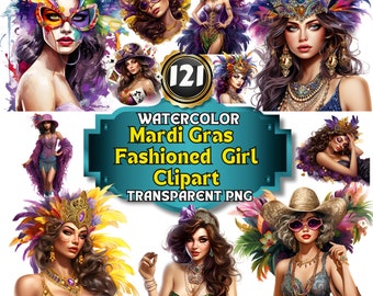 121 Imágenes prediseñadas de Mardi Gras Girl de moda en acuarela, trajes vibrantes elegantes de carnaval y atuendos festivos en ilustraciones artísticas Paquete PNG