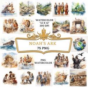 75 PNG Watercolor Noah&#39;s Ark Clip Art | Christian Religious Bible Based Story For Sublimation Scrapbooking, Junk journal Or Digital Printing