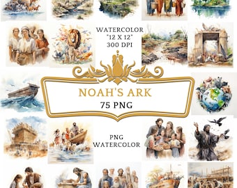 75 PNG Watercolor Noah's Ark Clip Art | Christian Religious Bible Based Story For Sublimation Scrapbooking, Junk journal Or Digital Printing