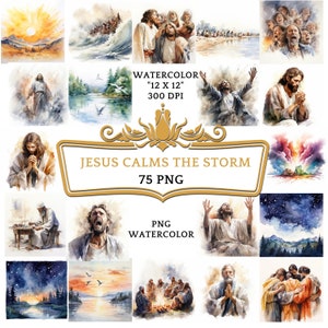 75 PNG aquarelle Jésus calme la tempête Clipart| Histoire religieuse chrétienne basée sur la Bible pour sublimation, scrapbooking ou impression numérique