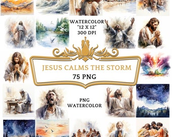 75 PNG Acquerello Gesù calma la tempesta Clipart/Storia religiosa cristiana basata sulla Bibbia per sublimazione, scrapbooking o stampa digitale