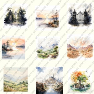 May include: A collection of eight watercolour paintings depicting various landscapes. The paintings feature a variety of scenes, including a gate, a lake, a forest, a mountain range, a city, and a tree with a waterfall. The paintings are all done in a realistic style and feature a variety of colours.