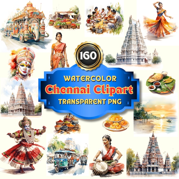 160 Watercolor Chennai Clipart Bundle, Printable South India PNG Image, Travel Itinerary Art Prints, India, Themed Junk Journal and Handmade