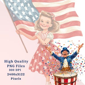 May include: Illustration of a girl in a red and white star-patterned dress holding an American flag. A man in a blue suit and top hat plays a drum, surrounded by confetti. The image includes text: High Quality PNG Files, 300 DPI, 2400x3122 Pixels.