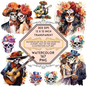 167 Acuarela Dia De Los Muertos Clipart PNG, Día de Muertos Conjunto de Diseño de Halloween Mexicano, Calaveras de Azúcar para Decoración y Sublimación Espeluznantes