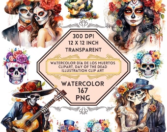 May include: Watercolor illustrations of Day of the Dead skeletons, including a couple dancing, a musician playing a guitar, and individual skulls with floral arrangements. 300 DPI, 12 x 12 inch, transparent PNG files. Watercolor Día de los Muertos Clipart, Day of the Dead Illustration Clip Art. Watercolor 167 PNG.
