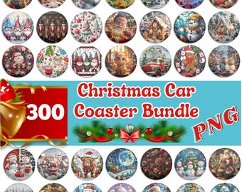 300 sottobicchieri natalizi per auto - Pacchetto festivo per sublimazione e regali personalizzati, download immediato di PNG