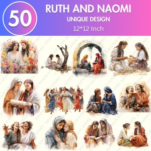 May include: A set of 50 unique designs featuring watercolour illustrations of Ruth and Naomi from the Bible. The illustrations depict various scenes from their story, including them walking together, talking, and working together. The designs are 30.48 centimetres by 30.48 centimetres.
