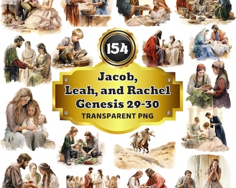 154 Watercolor Cliparts of Jacob, Leah, and Rachel - Genesis 29-30 - Expressive Biblical Story Illustrations for Teaching, Art & Projects