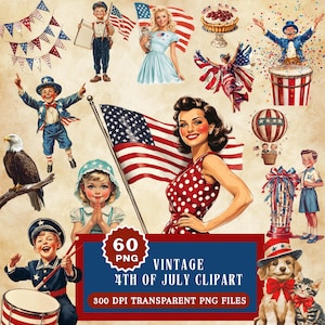 May include: Vintage 4th of July clipart collection featuring patriotic illustrations. Includes images of the American flag, vintage people, an eagle, a dog, a cat, and other festive elements. The collection contains 60 PNG files with transparent backgrounds.
