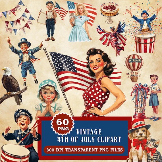60x Antique Americana Clipart Bundle, Vintage 4th of July PNG, Retro Patriotic Independence Day Graphics, Rustic USA Flag Junk Journal Art