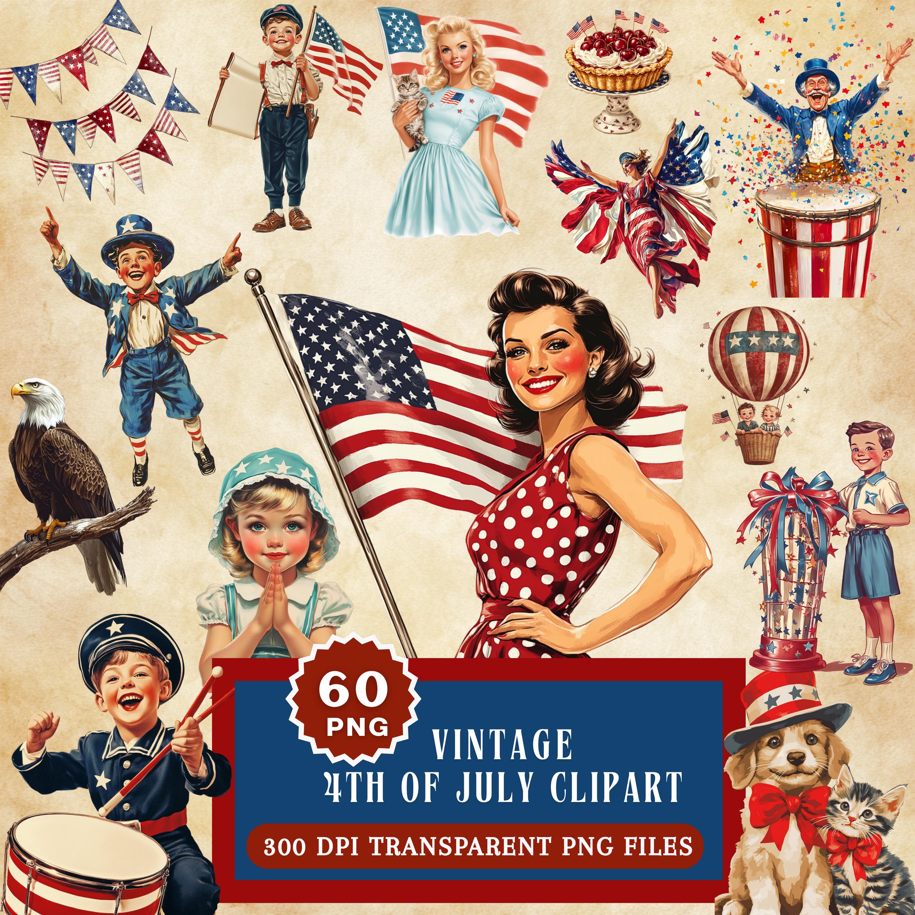 60x Antique Americana Clipart Bundle, Vintage 4th of July PNG, Retro ...