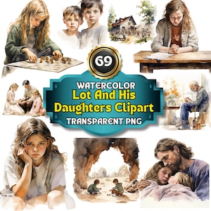 May include: Watercolor illustrations of scenes from the biblical story of Lot and his daughters. The illustrations depict a family playing a game, a woman praying, a man reading, and a man and two daughters in a cave.