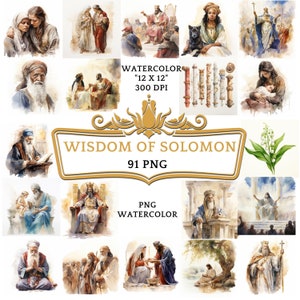 91 Watercolor Wisdom of Solomon Clip Art | Christian Religious Bible Based Story For Scrapbooking, Junk journal Or Digital Printing