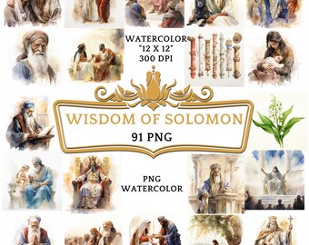 Puede incluir: Un conjunto de 91 ilustraciones de acuarela que representan escenas del libro de la Sabiduría de Salomón. Las ilustraciones son de estilo tradicional y presentan figuras con túnicas y coronas. Las imágenes miden 30,5 cm por 30,5 cm y 300 DPI.