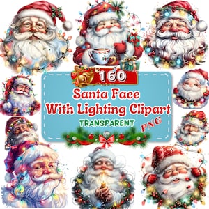 160 Aquarell Weihnachtsmann Gesicht mit Lichtern Cliparts - Festive Glow PNG Perfekt für Weihnachtssublimation, Kunst und Dekor