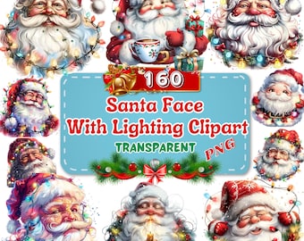 160 Watercolor Santa Face with Lights Cliparts - Festive Glow PNG Perfect for Christmas Sublimation, Art & Decor