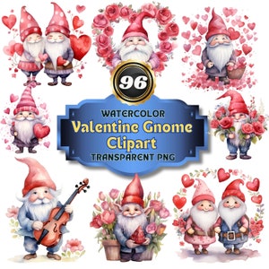 96 Watercolor Valentine&#39;s Gnome Clipart PNG Bundle | Gnome Love Illustrations | Red Valentine Graphics | Heart-Themed Valentine&#39;s Gnome Art
