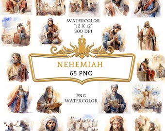 65 PNG Watercolor Nehemiah Clip Art | Christian Religious Bible Based Story For Sublimation Scrapbooking, Junk journal Or Digital Printing