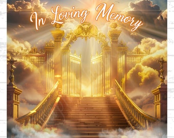 In Loving Memory PNG, modello di sfondo per l'ingresso del paradiso del cancello dorato del tramonto giallo, 7 file digitali Rest in Peace,