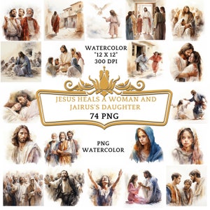 74 PNG Watercolor Jesus Heals a Woman and Jairus's Daughter Clipart | Christian Religious Bible Based Story For Sublimation, Sunday School