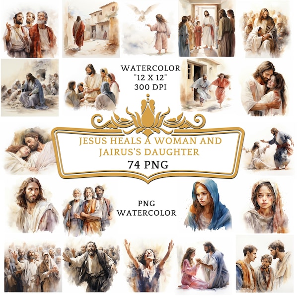74 PNG Watercolor Jesus Heals a Woman and Jairus's Daughter Clipart | Christian Religious Bible Based Story For Sublimation, Sunday School
