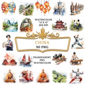 90 Watercolor China PNG ClipArt Bundle, China Landmarks Clipart, Great Wall of China, Forbidden City Graphics Chinese Culture Panda, Lantern