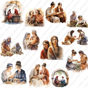 May include: A collection of watercolour paintings depicting women in various scenes. The paintings are in a soft, muted colour palette and feature a variety of poses and expressions. The women are dressed in simple, flowing garments and are engaged in activities such as reading, sewing, and tending to a garden.