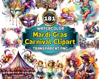 181 Watercolor Mardi Gras Carnival Cliparts, Festive Revelry Set: Colorful and Exuberant Party Illustrations for Invitations, Decor & Crafts