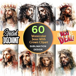 60 Aquarell Jesus Dornenkrone Clipart PNG Bundle, Jesus Digital PNG für Sublimation | Jesus Krone Religiös PNG | Retter Christian Png