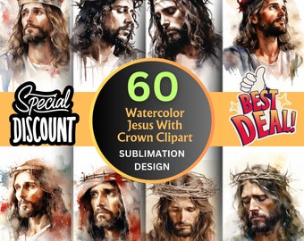 60 Watercolor Jesus Crown of Thorns Clipart PNG Bundle, Jesus Digital PNG For Sublimation| Jesus Crown Religious PNG | Savior Christian Png