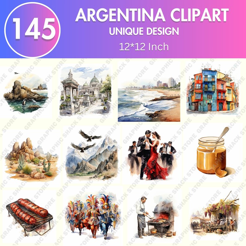 May include: A set of 12 watercolor illustrations depicting various aspects of Argentina. The illustrations include a cityscape, a beach scene, a tango couple, a mountain range, a traditional asado, a group of people in colorful costumes, a jar of dulce de leche, and a street scene with a food vendor.