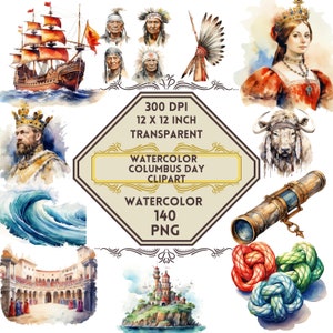 140 Watercolor Columbus Day Clipart Bundle Set | Discovery of America Columbus day, School PNG Clipart, Activity Set For Kids